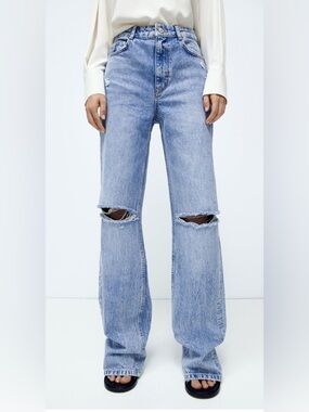 Zara Light Blue High-Rise Wide-Leg Jeans with Knee Rips